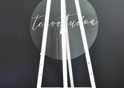 pyöreä lasikyltti, pyöreänmallinen kyltti, tervetuloa-kyltti, tervetulokyltti, maalausteline, valkoinen maalausteline, valkoinen teline, lasikyltti, kylttiteline, vuokratuote, vuokrasomiste, annenpartydeco